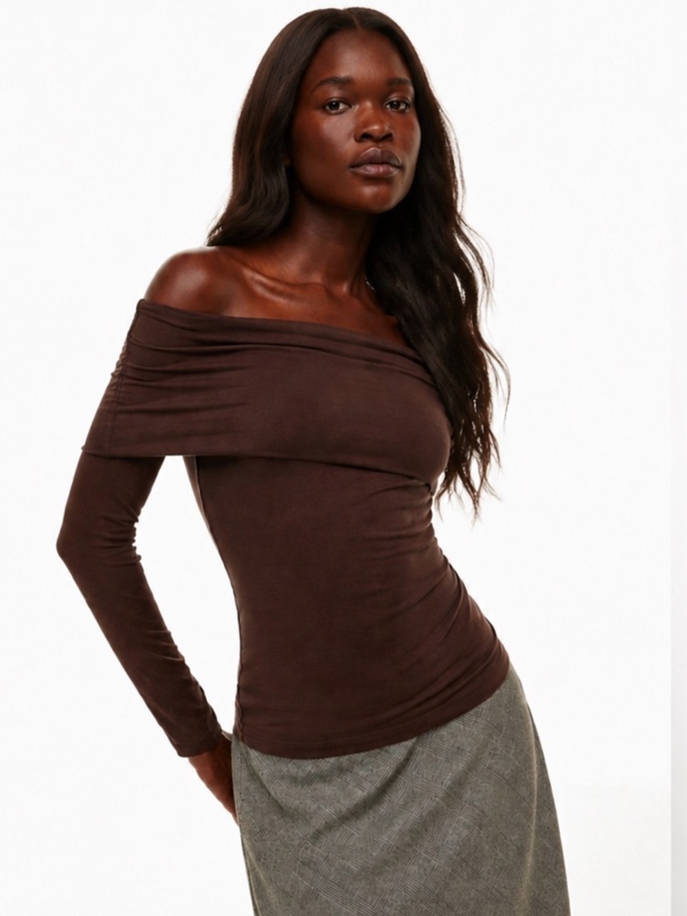 Aritzia Wilfred Carole Off Shoulder Top Brown Long Sleeve Fitted Size Small